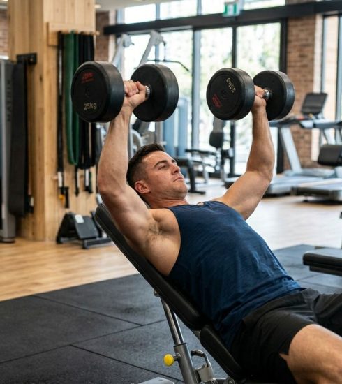 man doing chest and back superset workout in gym incline press and row